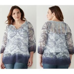Sonoma top Womens 2X blue ombre semi sheer chiffon paisley 3/4 sleeve Coastal